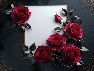 Deep ruby red roses and black leaves with gold outlines, paired with a dark textured background. 