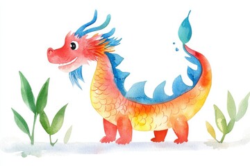 Whimsical watercolor dragon illustration fantasy realm art piece colorful environment playful concept, Chinese concept, isolated on white background