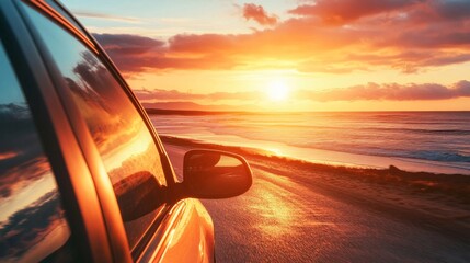 Car Driving Along Coastal Road at Sunset