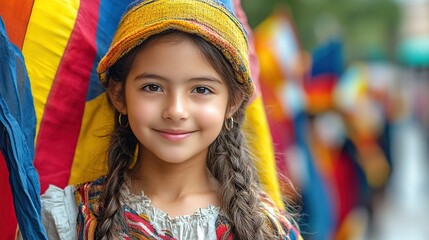 Fototapeta premium A young girl smiles while holding colorful flags, showcasing cultural heritage and celebration.
