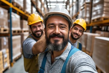 Three construction workers smiling together in a warehouse during the day