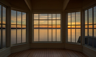 Serene sunset view from a bay window, showcasing tranquil waters and warm evening light.  Perfect for relaxation and travel themes.