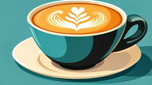 A stylish coffee cup with latte art sits on a light-colored saucer