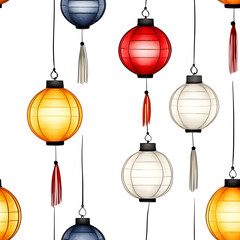 Colorful hanging lanterns in decorative pattern create festive atmosphere