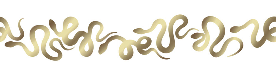 Golden snakes set seamless border isolated on white background. Header for letters, websites, mailing lists. Symbol snake of 2025 year. Simple golden contour drawing