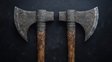 Two ornate Viking axes on dark background.