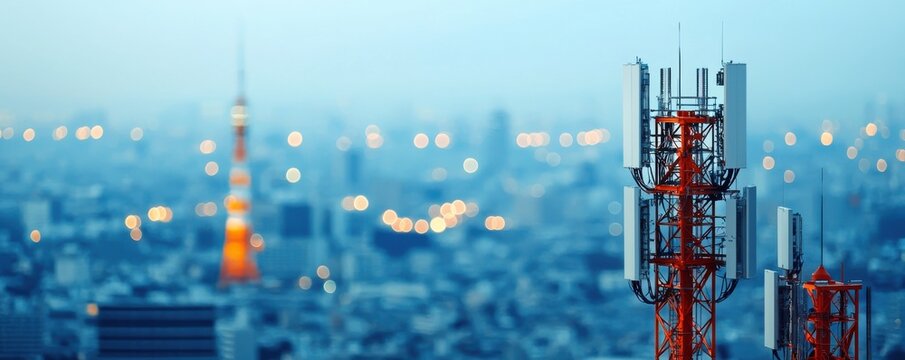 A close-up of a telecommunications tower with a city skyline in the background, illuminated by lights at dusk, showcasing modern urban technology.