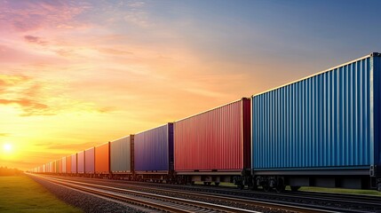 Fototapeta premium Container train transport at sunset landscape