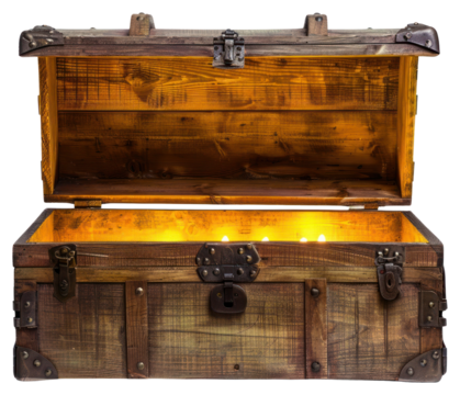 PNG Open wooden chest treasure vintage glowing.