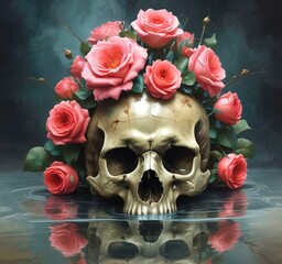 Illustration of human skull with roses.