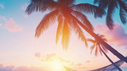 Tropical Sunset Hammock Scene Under Palm Trees
