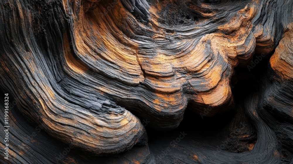 Poster Close up of layered rock formation with swirling patterns and textures.