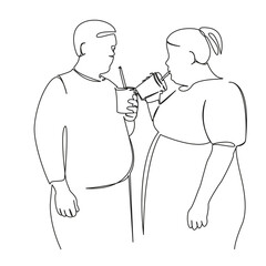 One continuous single drawing line art flat doodle fat, obese, teenager, friendship, happiness, smile, drink, lifestyle. Isolated image hand draw contour on a white background, hand drawn, not AI
