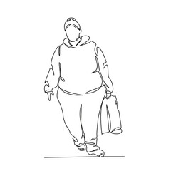 One continuous single drawing line art flat doodle overweight, person, adult, lifestyle, adults only, one person, one woman only, only women. Isolated image hand draw contour on a white background, ha