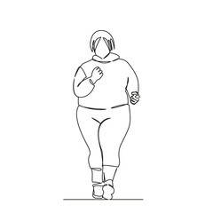 One continuous single drawing line art flat doodle overweight, person, jogging, running, sport, woman, lifestyle, adult, female, outdoors. Isolated image hand draw contour on a white background, hand 