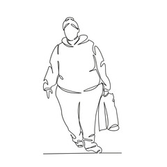 One continuous single drawing line art flat doodle overweight, person, adult, lifestyle, adults only, one person, one woman only, only women. Isolated image hand draw contour on a white background, ha