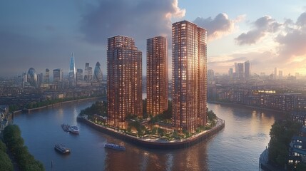 Modern skyscrapers on a riverbank at sunset, showcasing urban architecture and vibrant city life