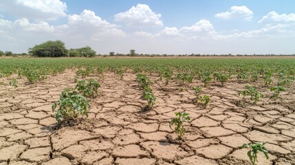 Cracked dry earth with rows of small green plants under a blue sky with clouds