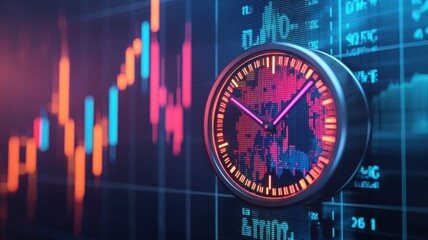 A digital clock overlaying a colorful financial chart, symbolizing time-sensitive trading in the stock market.