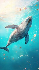 Lone whale surfaces in a debris filled ocean under bright natural light