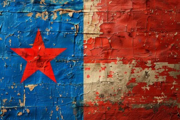 Chilean flag with a big red star is painted on a cracked wall, creating a vintage or grunge effect