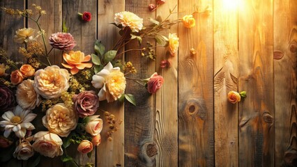 Delicate artificial flowers arranged on a distressed wooden wall, with fading floral patterns and a warm golden light cast on the scene , vintage, wall decor