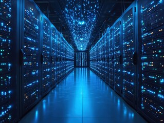 Server room hallway with glowing servers and reflective floor