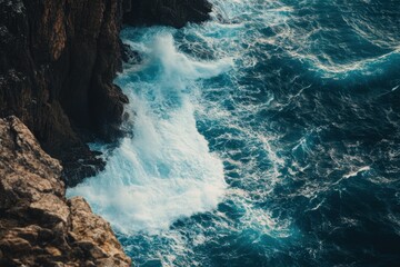 Fototapeta premium Dramatic action of powerful ocean waves crashing against rocky cliffs coastal landscape aerial view nature's force and beauty