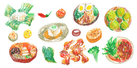 Clip art of colorful Asian food drawn with wax crayons on white isolated background. Children's foodcollection of oil pastel illustrations. 
