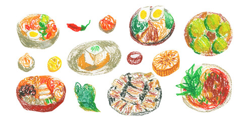 Clip art of colorful Asian food drawn with wax crayons on white isolated background. Children's foodcollection of oil pastel illustrations. 