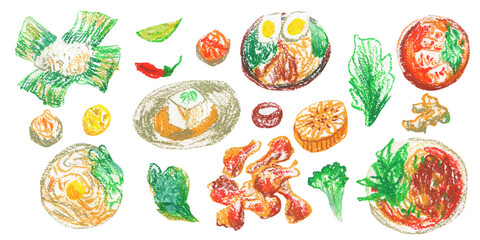 Clip art of colorful Asian food drawn with wax crayons on white isolated background. Children's foodcollection of oil pastel illustrations. 