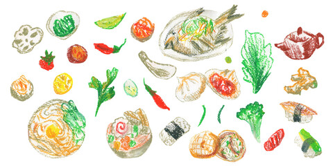 Clip art of colorful Asian food drawn with wax crayons on white isolated background. Children's foodcollection of oil pastel illustrations. 
