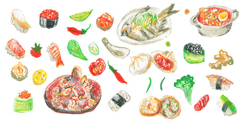 Clip art of colorful Asian food drawn with wax crayons on white isolated background. Children's foodcollection of oil pastel illustrations. 