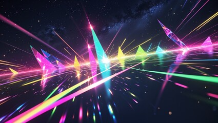 Colorful geometric light reflection with flashes and particles on dark background. Generative ai.