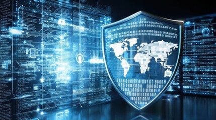 cybersecurity shield representing information protection and global connectivity. digital background features binary code and data streams, emphasizing security in digital age