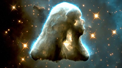 Cosmic landscape with shimmering stars and glowing nebulae, transitioning from cool blues to warm orange highlights