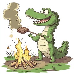 Naklejka premium Green alligator cooking meat on open fire outdoors, illustration for kid?s book