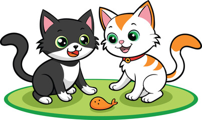 Obraz premium Two playing cats black and white coloring book page for kids vector illustration