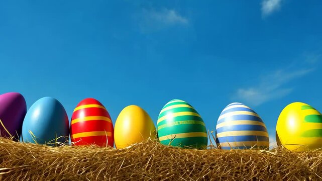 Blue sky with four eggs in a row. The eggs are in different colors and are placed on a straw
