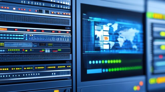 High tech data processing center with servers and digital displays showcasing information. environment is modern and efficient, emphasizing technology and connectivity