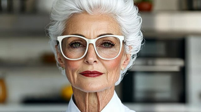 Woman with white hair and glasses is standing in front of a kitchen counter. She is wearing a white shirt and a white jacket