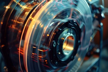 Close up of industrial reel spinning rapidly, creating a motion blur effect, highlighting speed and precision in modern manufacturing
