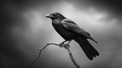 Fototapeta premium Common Raven Perched Majestic Moody Grayscale Branch Foggy Background
