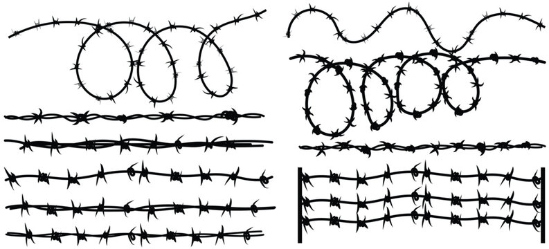 Twisted Barbed wire and fence set in line, round and square shapes. Steel black wire twists and spikes silhouette vector. Concept of protection, danger or security.