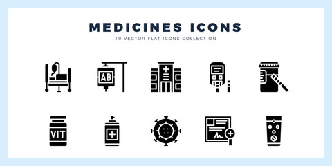 10 Medicines Glyph icons pack. vector illustration.