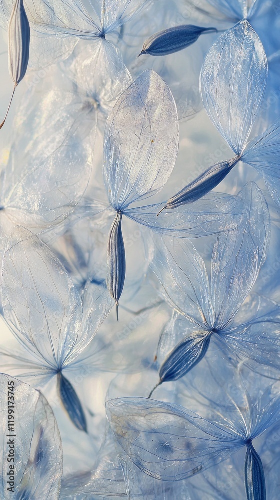 Poster Clusters of dandelion seeds catch sunlight, their delicate structures appearing almost ethereal. The fragile filaments sway gently, embodying the grace of nature in a moment of stillness