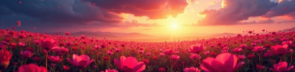 Fototapeta premium Vast cosmos field, sunset hues, vibrant petals, serene, summer