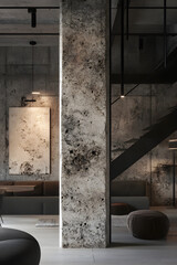 Textured Concrete Pillar Anchoring Modern Industrial Loft with Natural Light and Minimalist Design Elements