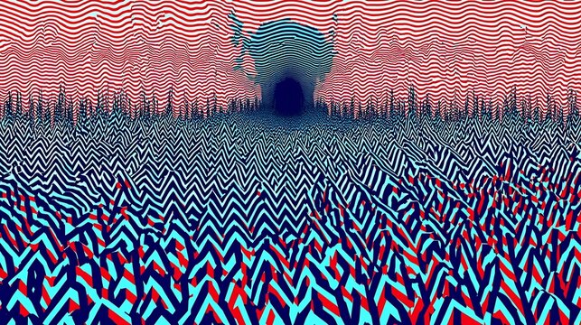 Abstract retro design with zigzag stripes in bold primary colors and contrasting dark accents, evoking nostalgic vibes