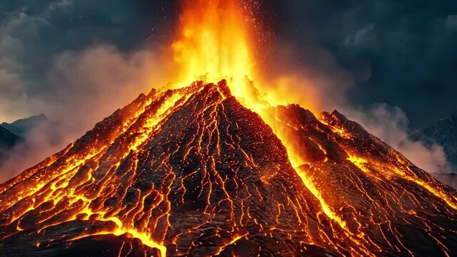 Erupting volcano spews lava and ash in dramatic mountain landscape, erupting volcano of mountain video background ing footage